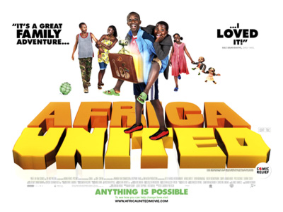 Poster for <em>Africa United</em>, with 3D lettering and characters walking over it
