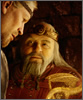 Still image from the film, of King Hrothgar, who wears a norse-style crown and has a long beard