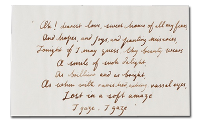 A handwritten copy of Keats' poem 'To Fanny' in faded brown calligraphy on a cream parchment