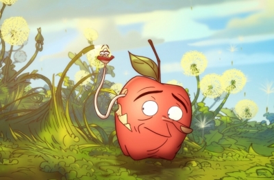 An animated apple looks horrified at an animated worm coming out of his side