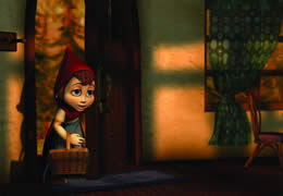 An animated girl with a red hood stands in a house holding a basket
