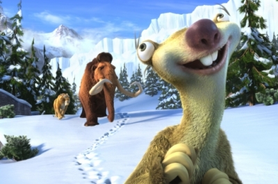 An animated sloth walks through the snow followed by a woolly mammoth and a saber-toothed tiger