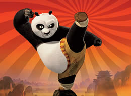 A computer generated cartoon panda does a high-kick