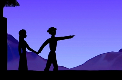 A animated man and woman are silhouetted against a night sky as he points into the distance
