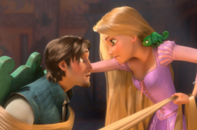 A female animated character ties a male animated character to his chair with her hair.