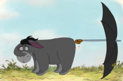 An animated donkey stands with an umbrella attached to his tail