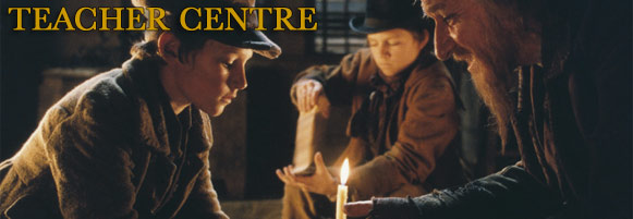 Teachers Centre title graphic - Oliver and Fagin lean over a candle