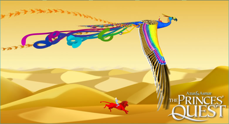 Still image from The Princes Quest, showing Azur and Asmar riding through the desert on a giant multicoloured bird, and a scarlet lion.