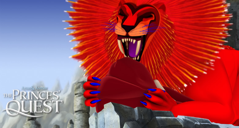 Still image from The Princes Quest, showing a medium close-up of the scarlet lion grabbing a red hat with it's paws.