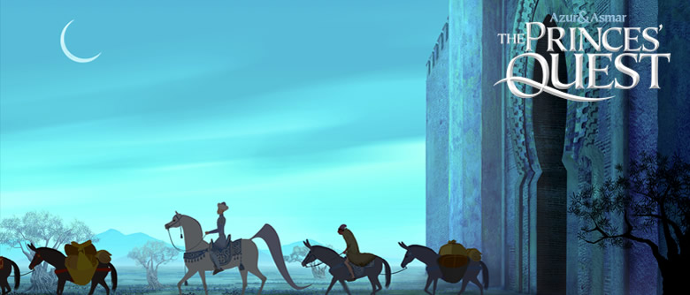 Still image from The Princes Quest, showing Prince Azur leaving the palace, riding a large white horse.