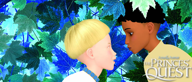 Still image from The Princes Quest, showing Princes Azur and Asmar facing each other. Green and blue sycamore leaves are all around them.