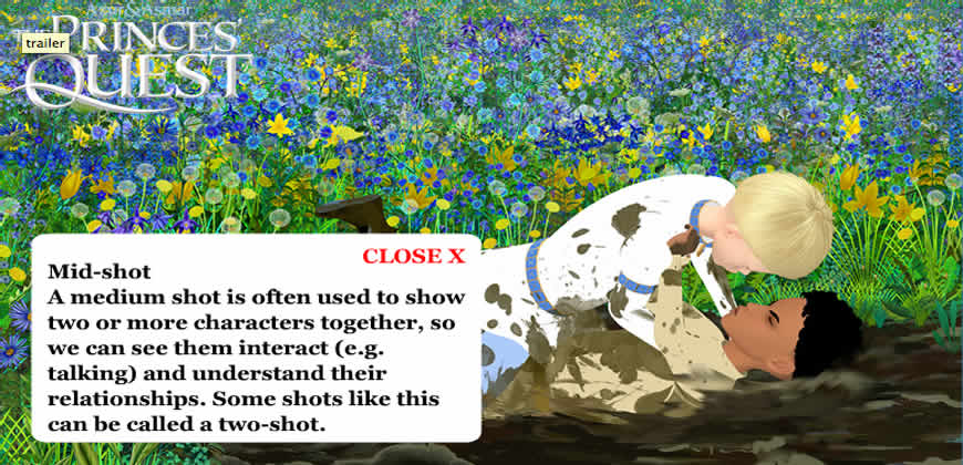Flash-based image analysis task: A mid shot of the 2 princes wrestling in mud, with the caption 'A medium shot is often used two or more characters together, so we can see them interact (e.g. talking) and understand their relationships. Some shots like this can be called a two-shot.'