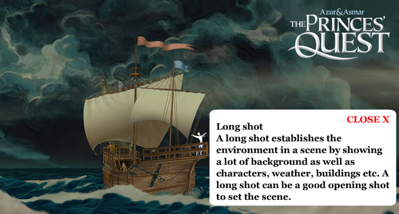 Flash-based image analysis task: A long shot of Prince Azur stood on the deck of a sailing ship, during a storm, with the caption 'A long shot establishes the environment in a scene by showing a lot of background as well as characters, weather, buildings etc. A long shot can be a good opening shot to set the scene.'