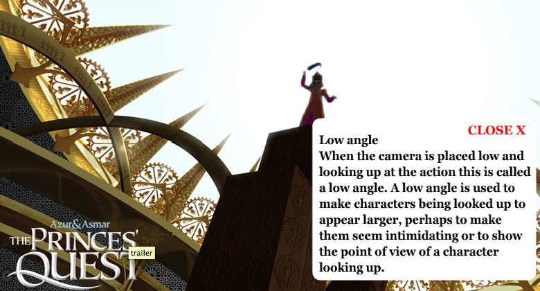 Flash-based image analysis task: A low angle shot of figure holding a feather stood on top of a wall or gateway. The caption reads: ' When the camera is placed low and looking up at the action this is called a low angle. A low angle is used to make characters being looked up to appear larger, perhaps to make them seem intimidating or to show the point of view of a character looking up.'