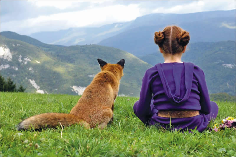 Still from the film, showing the fox and child sitting looking into the distance