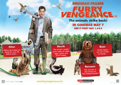 Film Education's Furry Vengeance Activity Poster. A man stands facing the camera. He is surrounded by forest animals who are attacking him. There are signs showing facts about each animal.