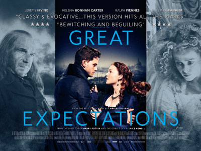 landscape film poster for Great Expectations in dark, muted blues and greys depicting four of the film’s characters