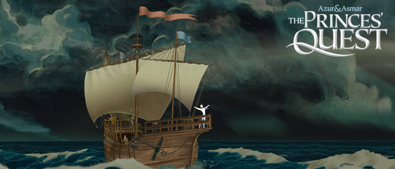 Still image from The Princes Quest, showing Prince Azur, stood with his hands in the air on the deck of a ship, on a rolling sea with dark stormclouds in the sky.