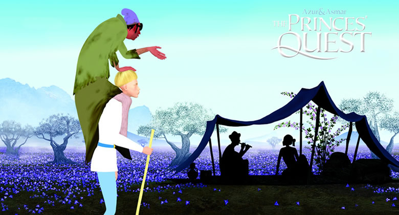 Still image from The Princes Quest, showing Crapoux riding on the shoulders of Prince Azur. They are in a desert landscape and there are 2 figures in silhouette, under a sunshade - a man and a woman.