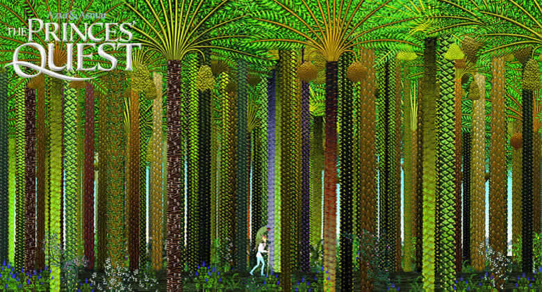 Still image from The Princes Quest, a long-shot, showing Crapoux riding on the shoulders of Prince Azur, through a dense forest of tall palm trees.