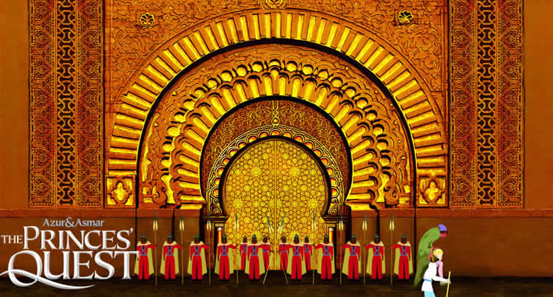 Still image from The Princes Quest, showing Crapoux stepping down from the shoulders of Prince Azur. They are in front of a huge decorated gateway, with 14 armed guards stood outside.